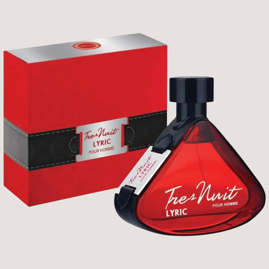 Perfume Armaf Tres Nuit Lyric para hombre en frasco triangular rojo con caja a juego de Oasis Perfumes Honduras Mayoreo