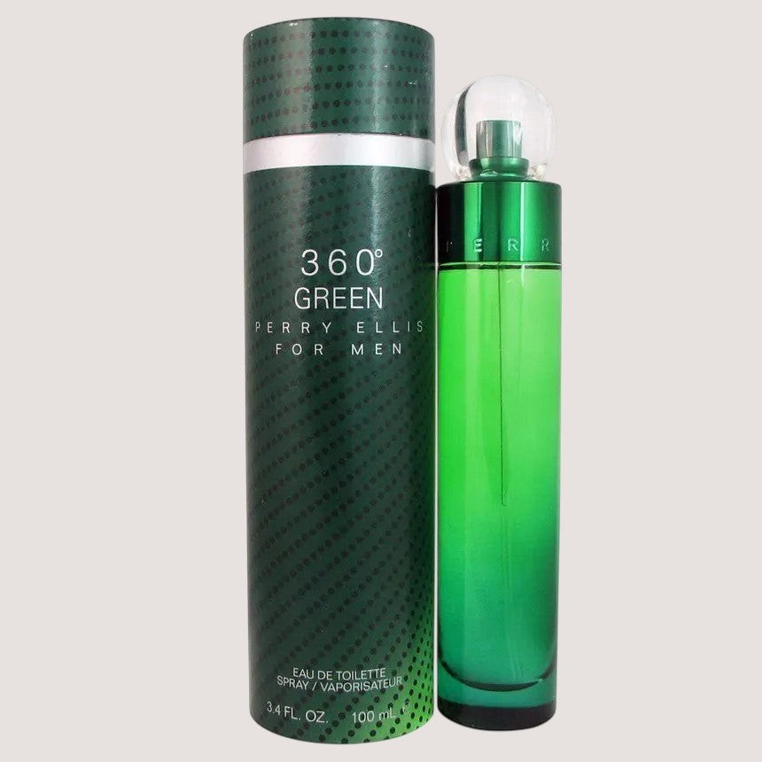 Perfume Perry Ellis 360 Green para hombre en frasco de vidrio verde con estuche cilíndrico de Oasis Perfumes Honduras Mayoreo