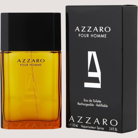 Frasco de perfume Azzaro Pour Homme junto a su caja negra original, disponible en Oasis Perfumes Honduras Mayoreo
