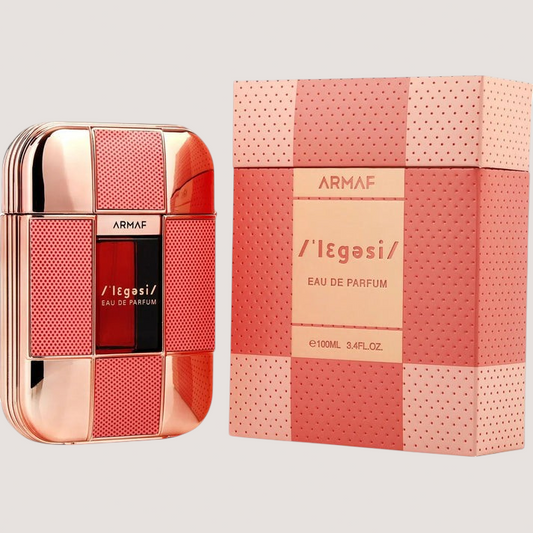 Perfume Armaf Legesi Femme de 100ml con frasco metálico rosado y caja decorativa en Oasis Perfumes Honduras Mayoreo