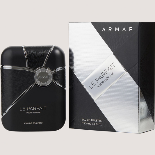 Perfume Armaf Le Parfait Pour Homme de Oasis Perfumes Honduras Mayoreo con frasco negro y caja plateada y negra