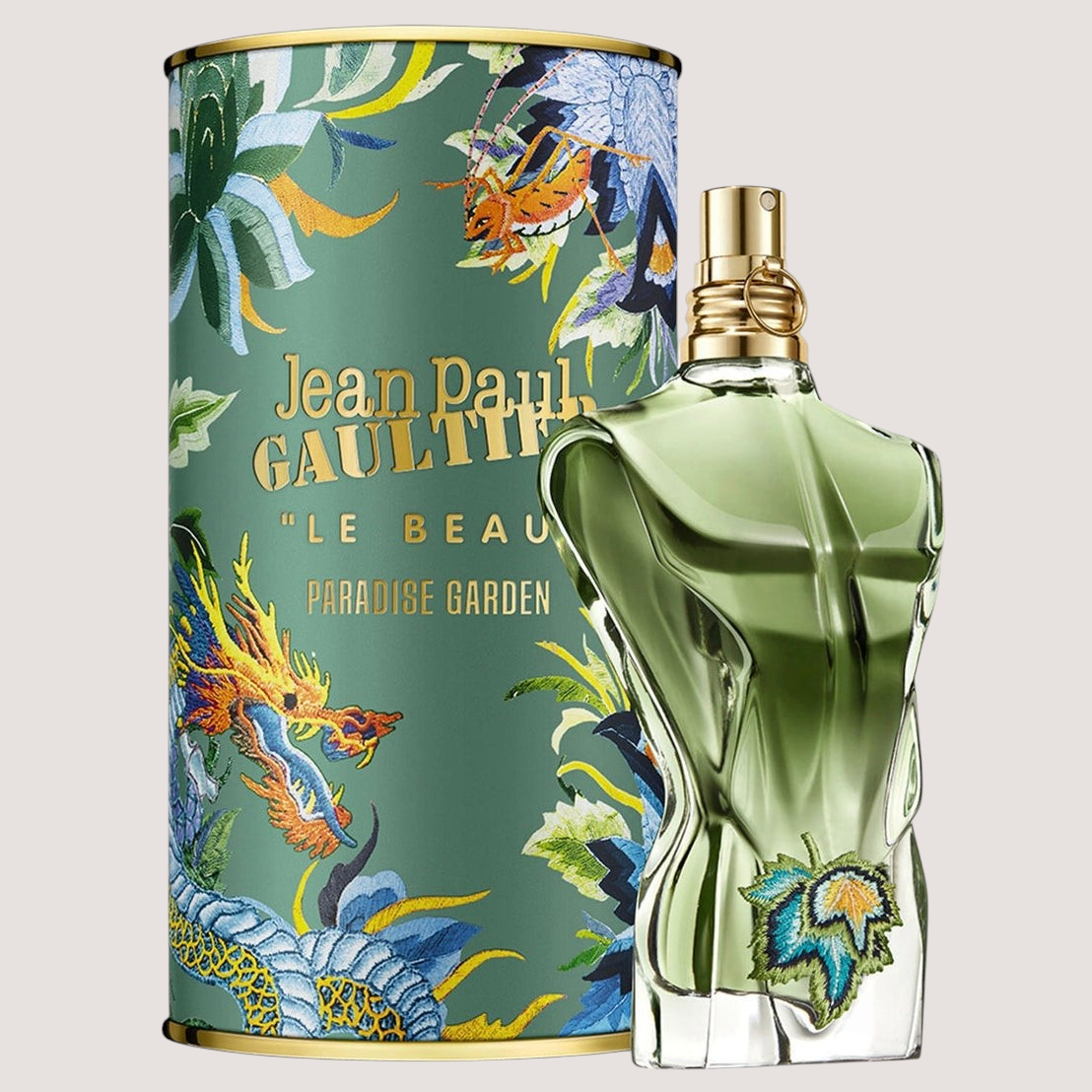 Oasis Perfumes Honduras Mayoreo Jean Paul Gaultier Le Beau Paradise Garden men's fragrance with green glass torso bottle