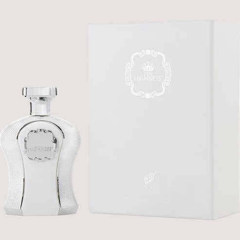 Perfume Afnan His Highness White para hombre con frasco plateado texturizado y caja blanca de Oasis Perfumes Honduras Mayoreo