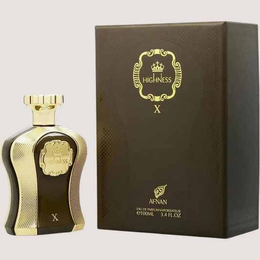 Perfume Afnan His Highness X Brown con caja marrón y detalles dorados, fragancia aromática especiada de 100ml