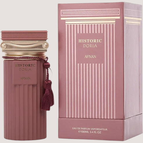 Perfume Afnan Historic Doria de Oasis Perfumes Honduras Mayoreo en frasco rosa con tapa estilo columna y caja a juego.