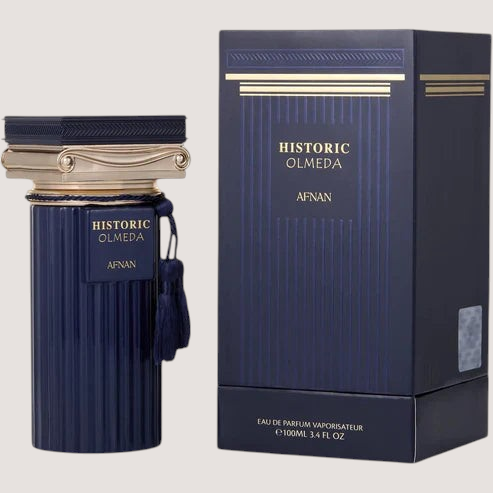Perfume Afnan Historic Olmeda de Oasis Perfumes Honduras Mayoreo en frasco azul con tapa estilo columna griega