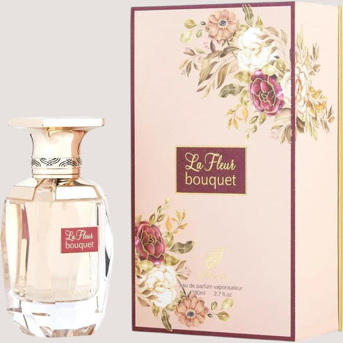 Perfume Afnan La Fleur Bouquet para mujer de 80ml con caja decorada con flores y frasco de cristal elegante