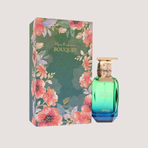 Perfume Afnan Mystique Bouquet para mujer con caja decorada de flores y frasco de vidrio degradado verde y azul
