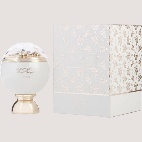 Perfume Afnan Souvenir Floral Bouquet de Oasis Perfumes Honduras Mayoreo en frasco blanco esférico con caja decorada