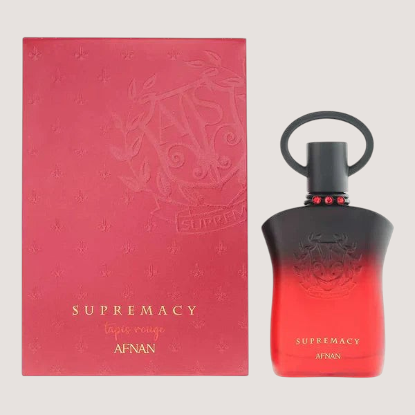 Perfume Afnan Supremacy Tapis Rouge para mujer en frasco degradado rojo y negro con caja de presentación a juego