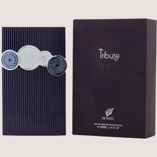 Perfume Afnan Tribute Blue de Oasis Perfumes Honduras Mayoreo en frasco azul con detalles plateados y caja a juego