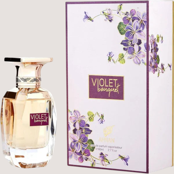 Perfume Afnan Violet Bouquet para mujer de 80ml con caja decorada con flores violetas y frasco de cristal elegante