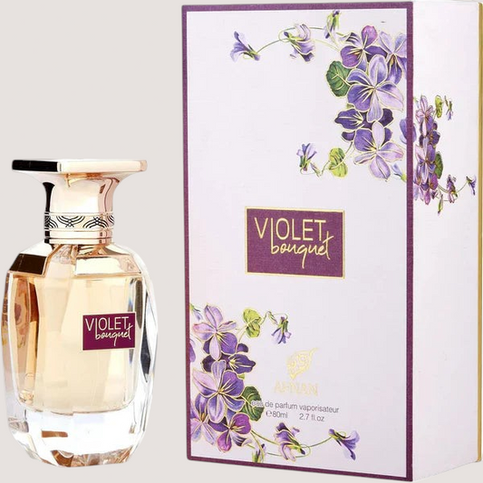 Perfume Afnan Violet Bouquet para mujer de 80ml con caja decorada con flores violetas y frasco de cristal elegante