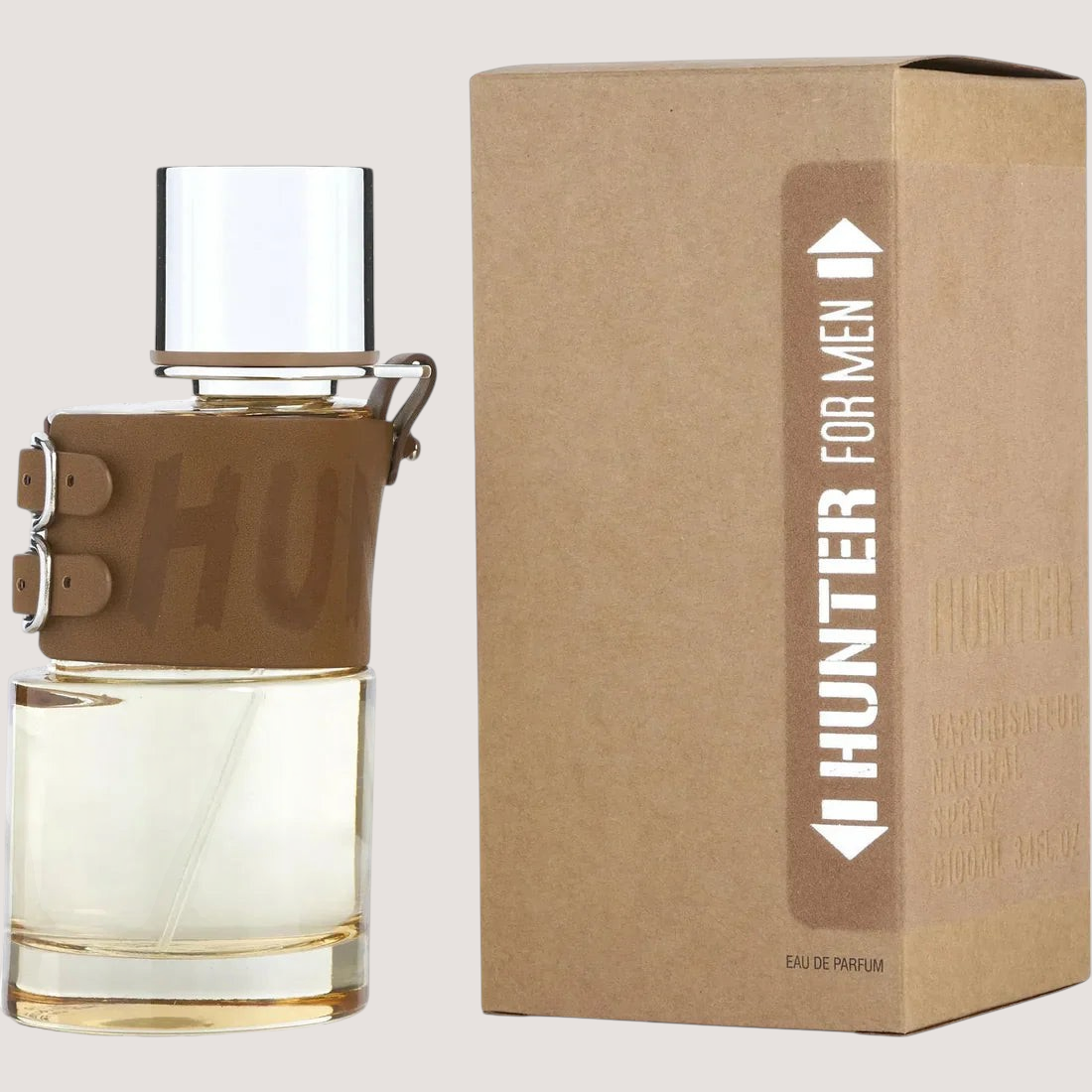 Perfume Armaf Hunter Men de Oasis Perfumes Honduras Mayoreo con frasco de vidrio, detalle de cuero y caja de cartón.
