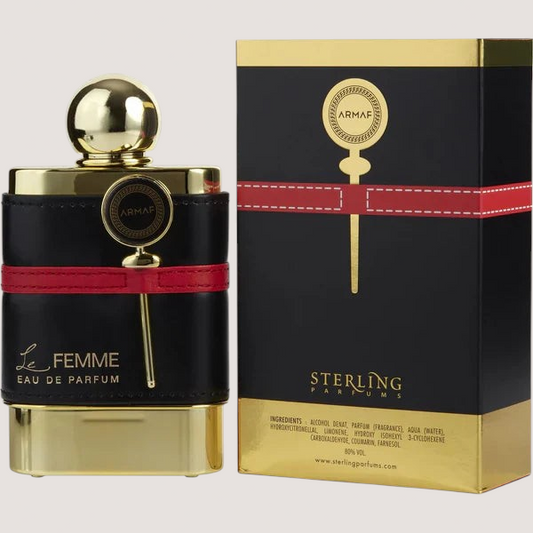 Perfume Armaf Le Femme de Oasis Perfumes Honduras Mayoreo en frasco negro y dorado con detalle de cinta roja