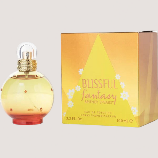 Perfume Britney Spears Blissful Fantasy EDT 100ml con frasco esférico amarillo y caja dorada de Oasis Perfumes Honduras Mayoreo