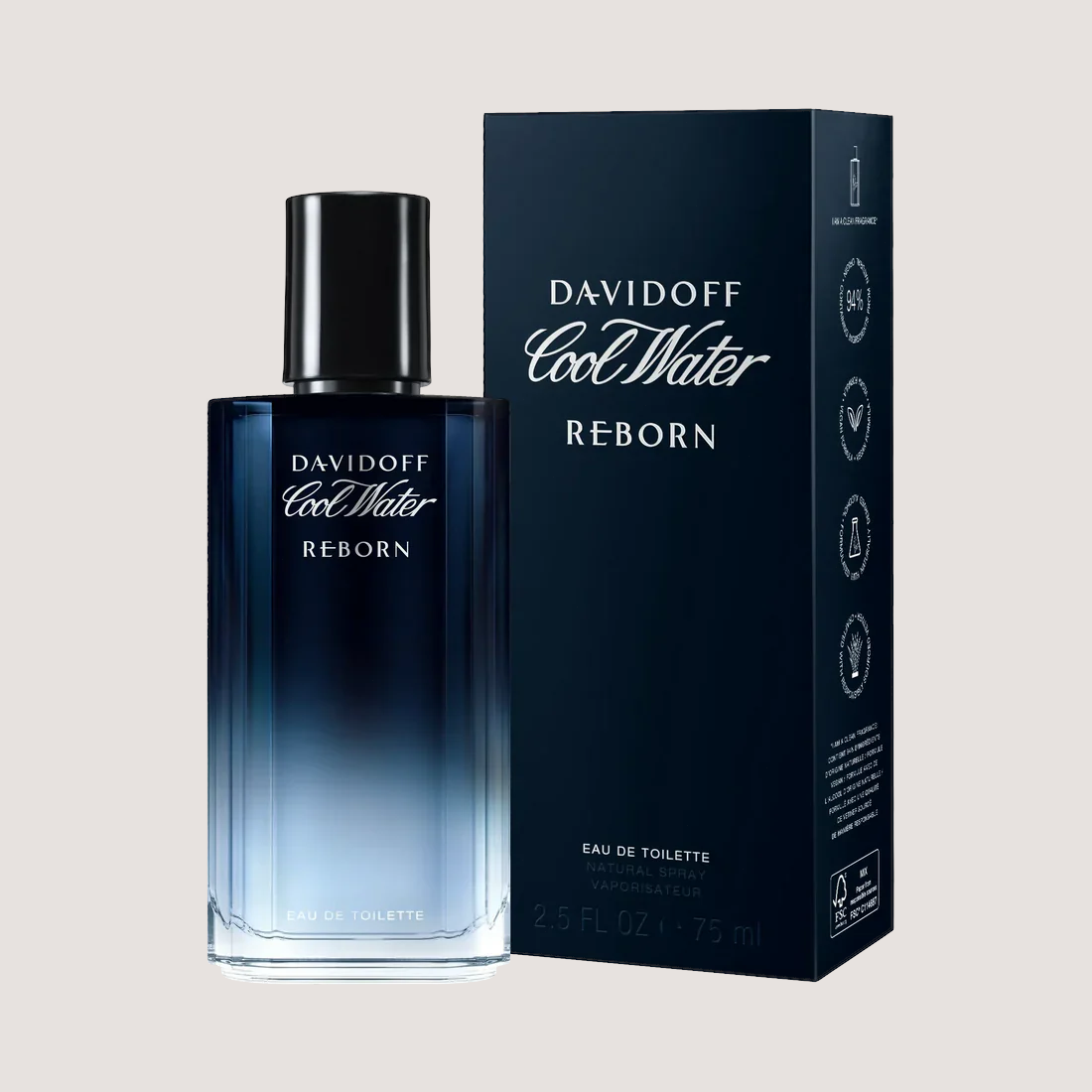 Perfume Davidoff Cool Water Reborn para hombre en frasco de cristal azul degradado junto a su caja original