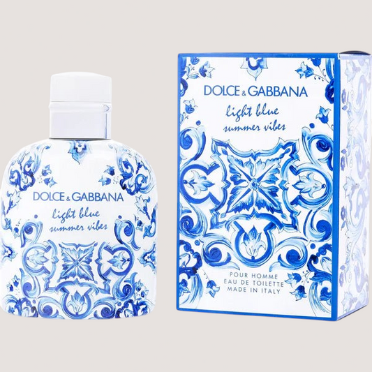 Perfume Dolce & Gabbana Light Blue Summer Vibes para hombre con frasco decorado en Oasis Perfumes Honduras Mayoreo