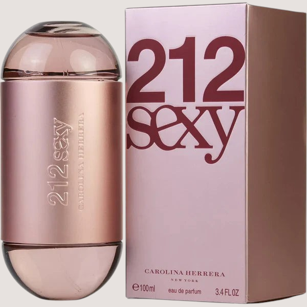 Perfume Carolina Herrera 212 Sexy para mujer en frasco rosado metálico de 100ml junto a su caja en Oasis Perfumes Honduras Mayoreo