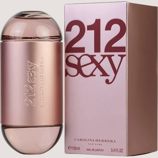 Perfume Carolina Herrera 212 Sexy para mujer en frasco rosado metálico de 100ml junto a su caja en Oasis Perfumes Honduras Mayoreo