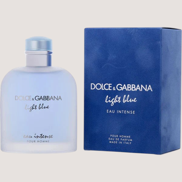 Perfume Dolce & Gabbana Light Blue Eau Intense para hombre en frasco de vidrio azul con su caja original de Oasis Perfumes Honduras Mayoreo