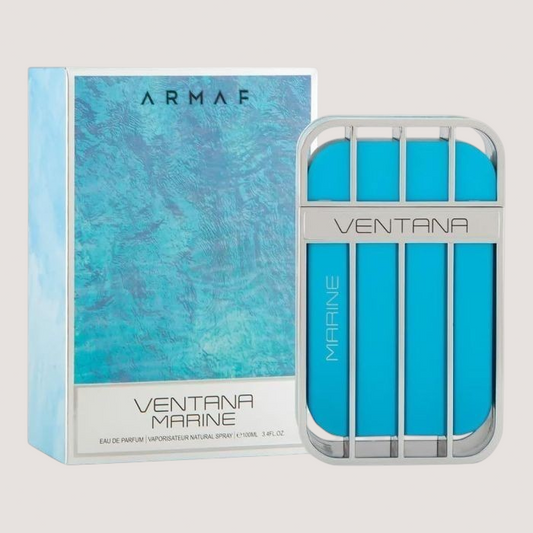 Perfume Armaf Ventana Marine de Oasis Perfumes Honduras Mayoreo con frasco azul brillante y caja con diseño acuático