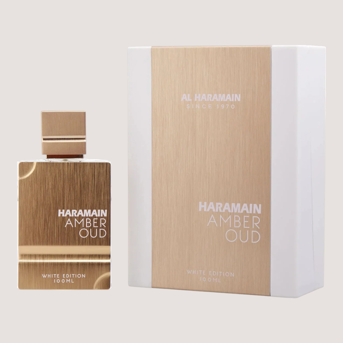 Oasis Perfumes Honduras Mayoreo Al Haramain Amber Oud White Edition EDP for men and women, 100ml bottle with gold brushed texture.