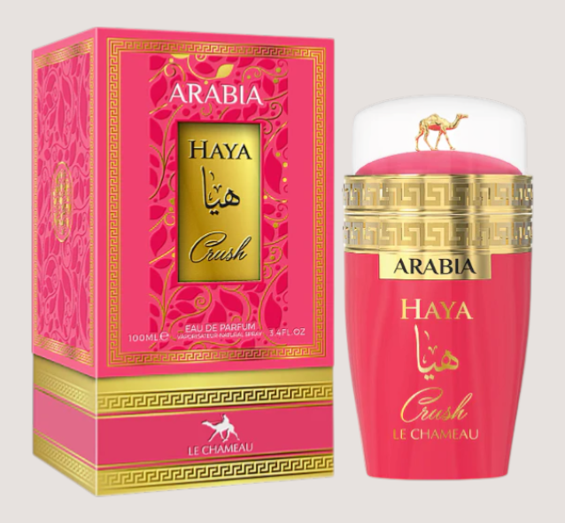 Oasis Perfumes Honduras Mayoreo Arabia Haya Crush EDP for women, 100ml. Pink bottle with gold accents and camel topper.