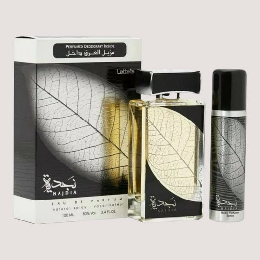 Oasis Perfumes Honduras Mayoreo Lattafa Najdia Eau de Parfum for men and women, 100ml bottle with leaf design and matching body spray.