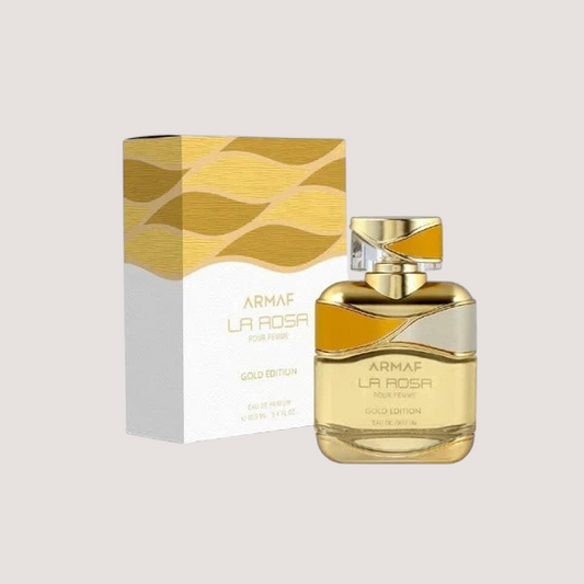 Oasis Perfumes Honduras Mayoreo Armaf La Rosa Gold Edition floral Eau de Parfum for women in a gold glass bottle