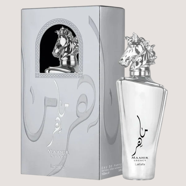 Oasis Perfumes Honduras Mayoreo Lattafa Maahir Legacy unisex eau de parfum in a silver bottle with horse head cap